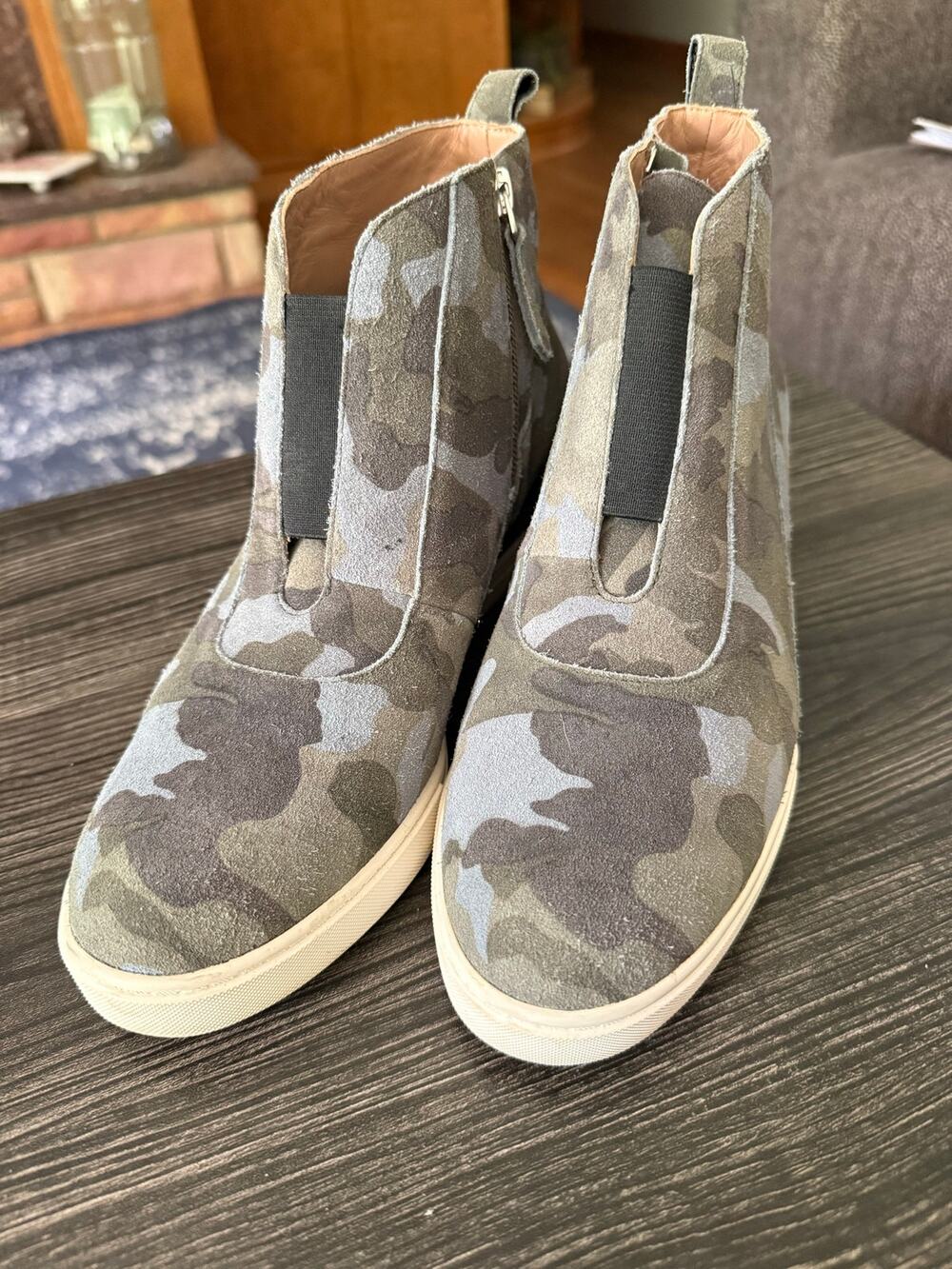 Linea Paolo Anna Grey, Blue & Green Camo Suede Wedge Sneakers Sz. 8